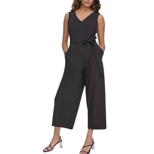 Calvin Klein Womens V-Neck Sleeveless Belted Wide Leg Jumpsuit Black